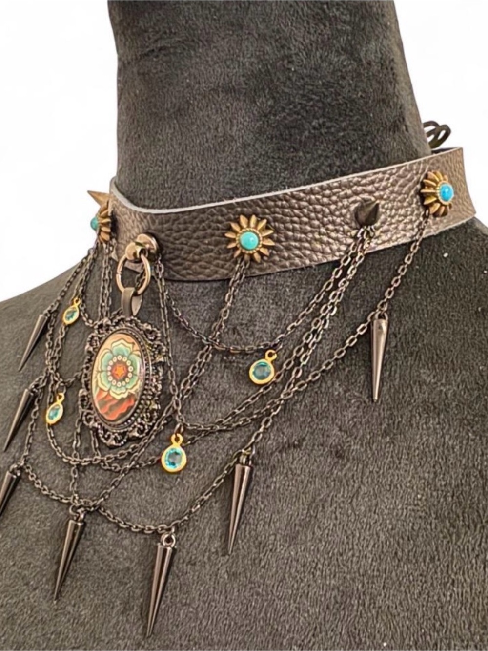 OOAK Black Leather Choker Necklace Layer  Chains spikes trad tattoo rose Cameo